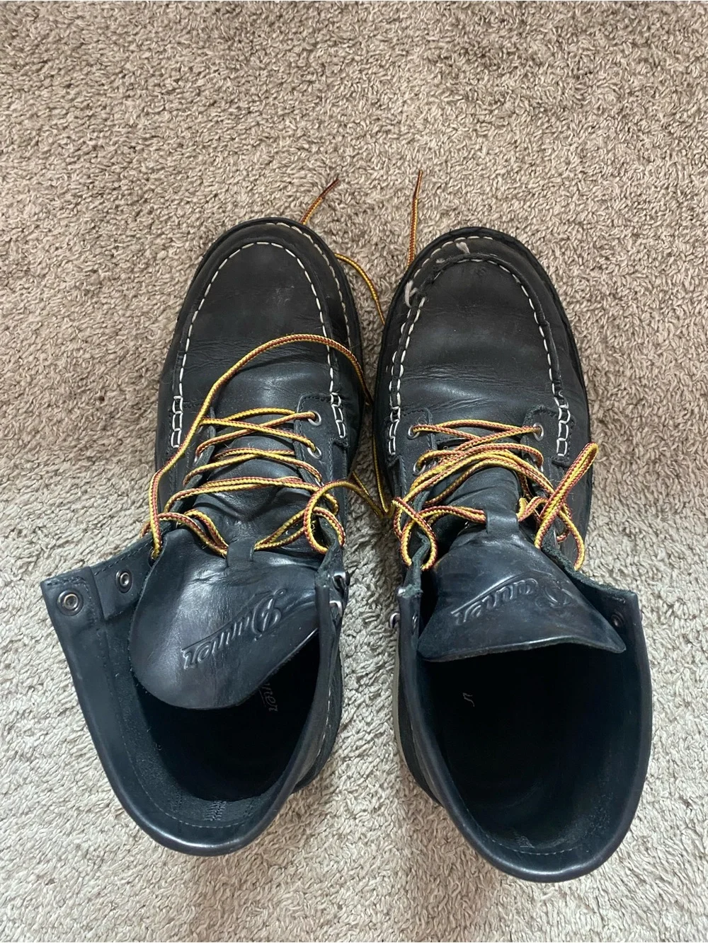 Danner Black Leather Moc Toe Boots with Yellow-Orange Laces